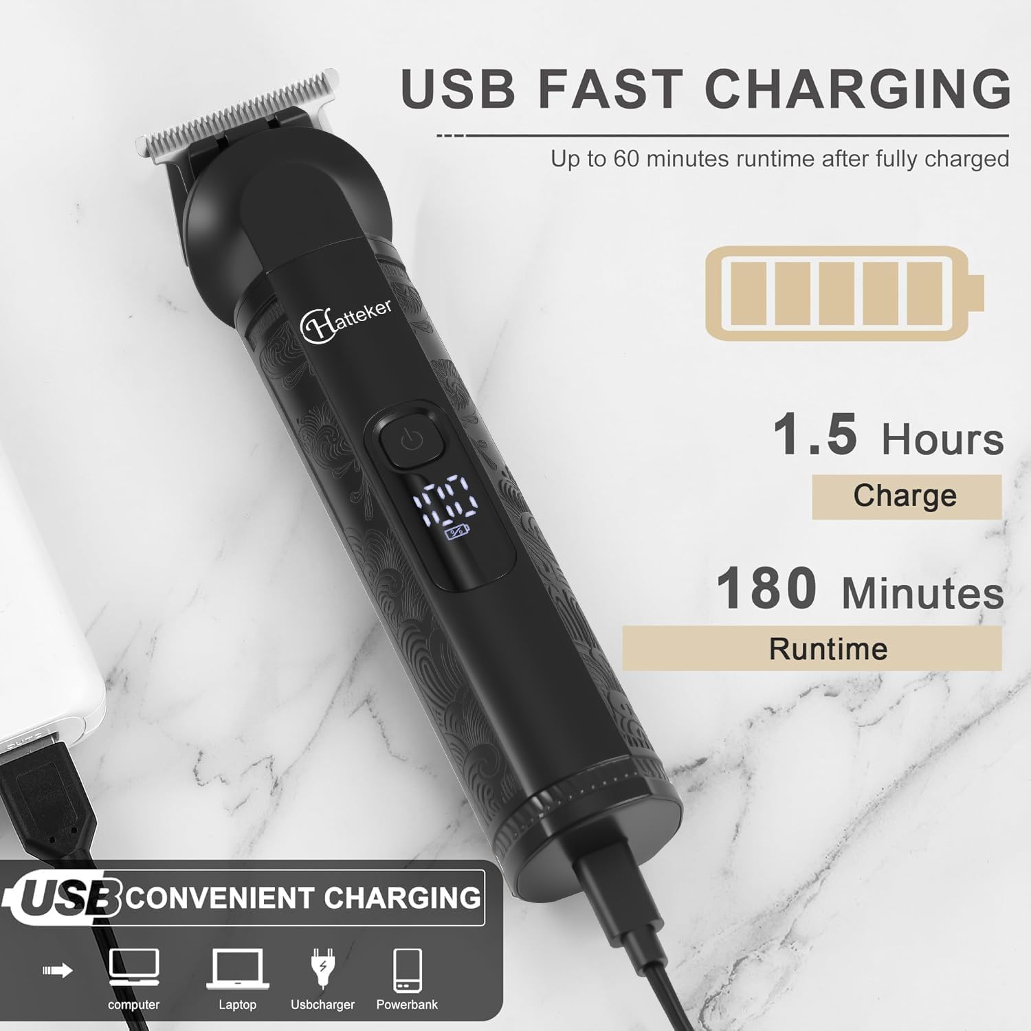 Hatteker - Tondeuse sans fil homme - barbe - autonomie longue durée