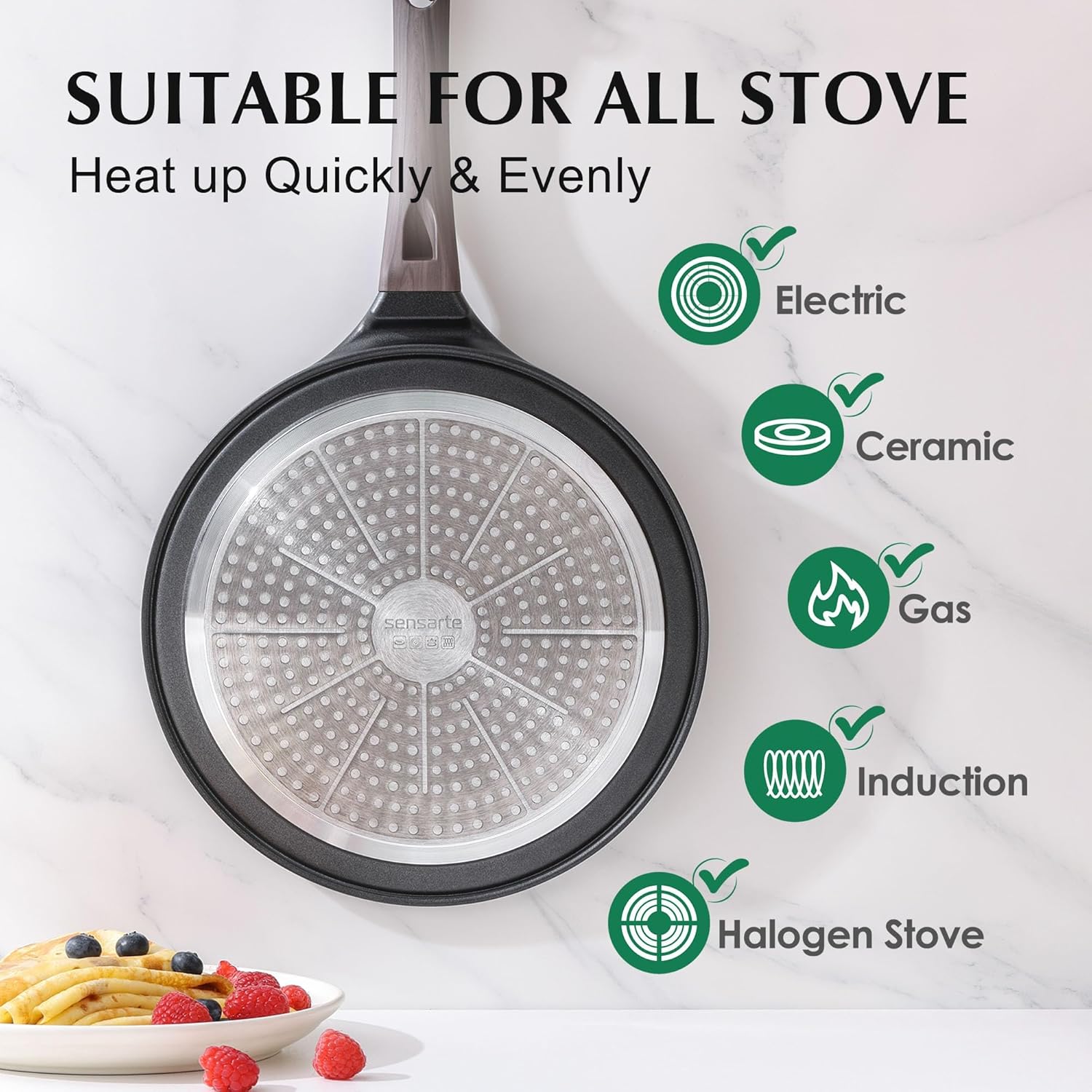SENSARTE - Poêle à crêpes 30 cm - antiadhésif granit suisse, induction, poignée ergonomique