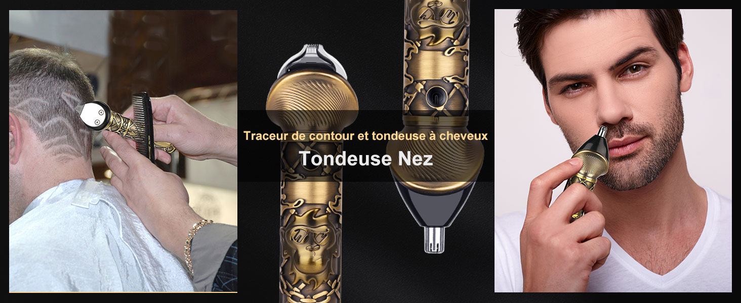 avec corps doré. Plusieurs pièces jointes sont affichées. Les images montrent l'utilisation sur les poils du nez et du visage.