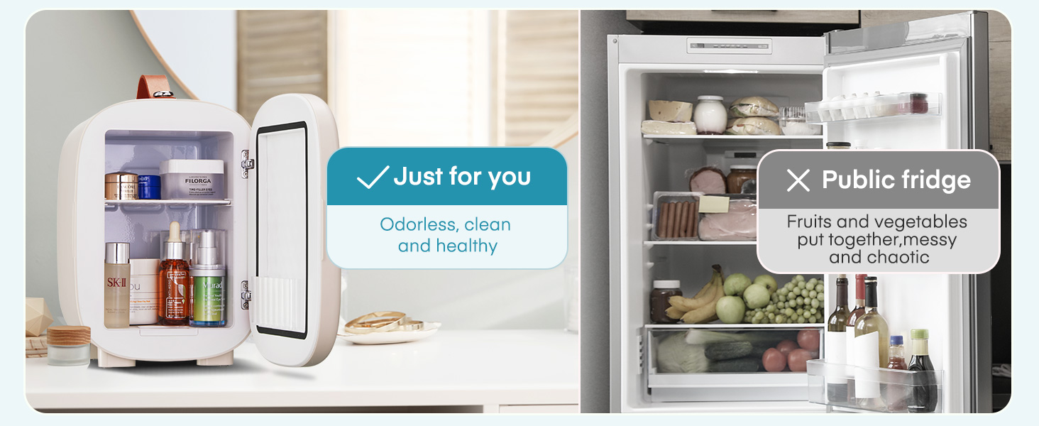 Comparaison de deux réfrigérateurs : un petit mini-réfrigérateur portable étiqueté « Juste pour vous » et un plus grand « réfrigérateur public » avec divers produits alimentaires visibles à l'intérieur