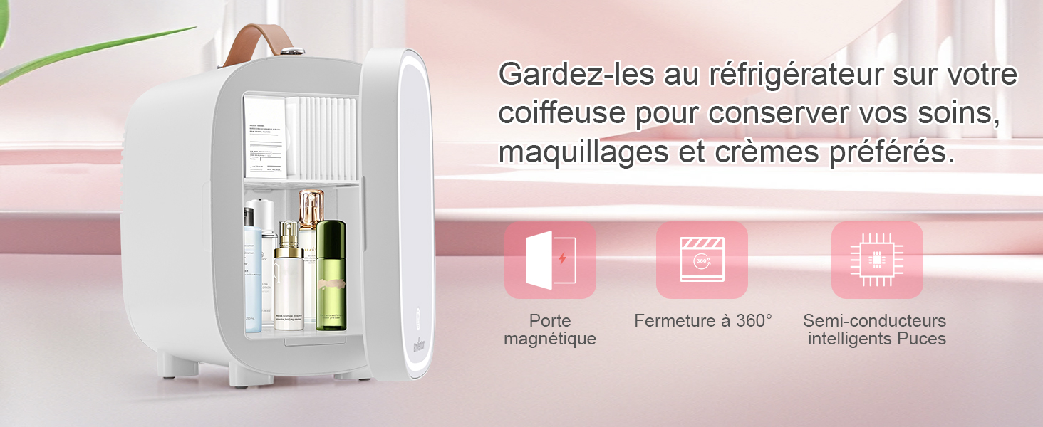 Panneaux d'information sur les produits à bordure rose montrant les différents composants et spécifications en texte français. Comprend des images du produit et de ses accessoires.