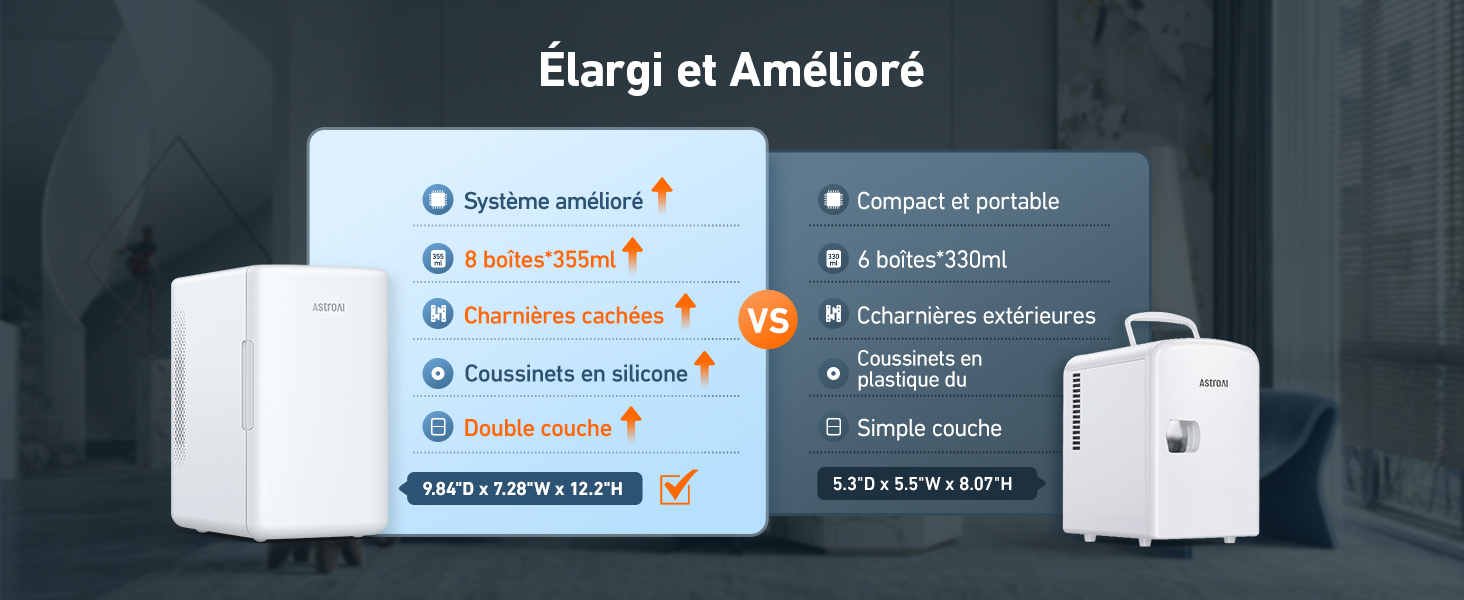 en français, mettant en évidence les caractéristiques de deux systèmes. Comprend des mentions d'une capacité améliorée et d'un fonctionnement silencieux.