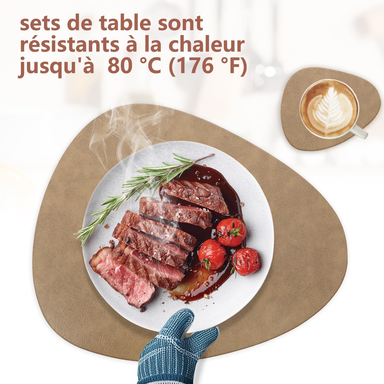 Set de table - lot de 6, ovale 41x33cm, lavable, antidérapant, cuir PU