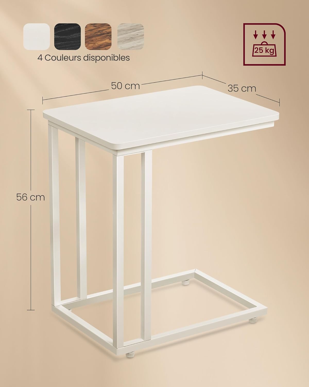 VASAGLE - Table d’appoint moderne, acier, roulettes, montage facile, 50x35x65 cm, LNT050W77