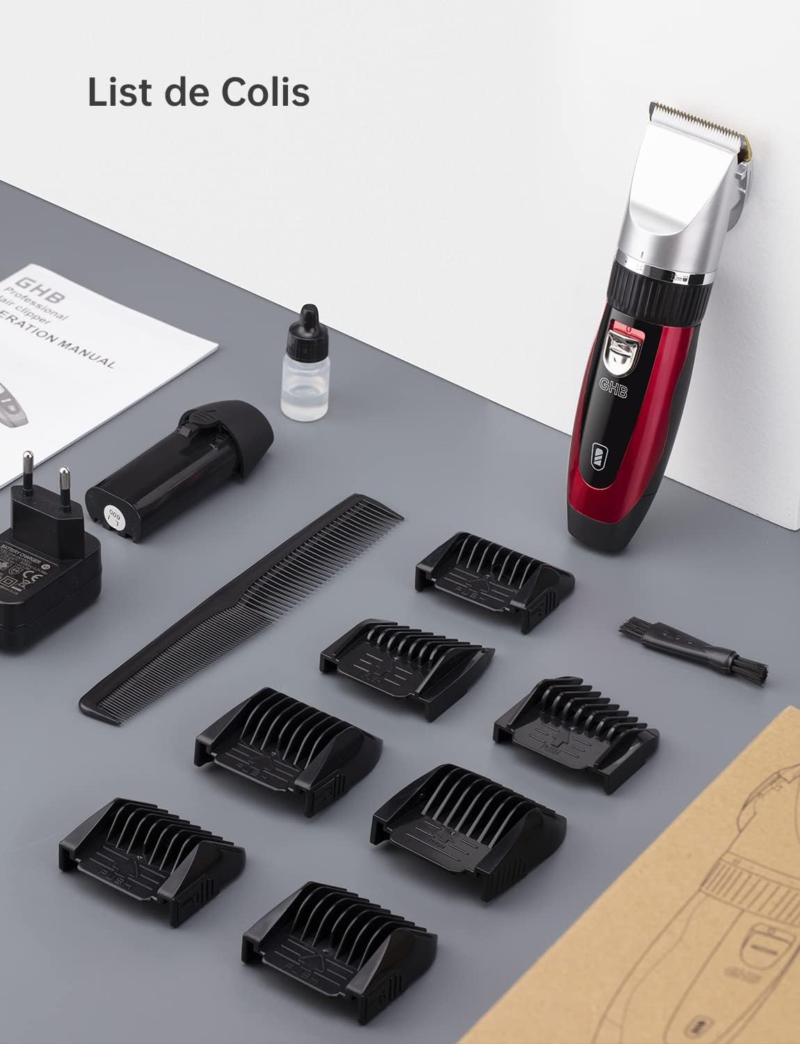 GHB - Tondeuse cheveux pro sans fil, 7 peignes, 2 batteries lithium