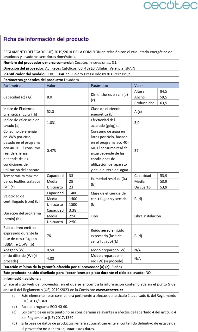 Cecotec - lave-linge frontale - capacité 8 kg - 15 programmes - 60x60x85 cm