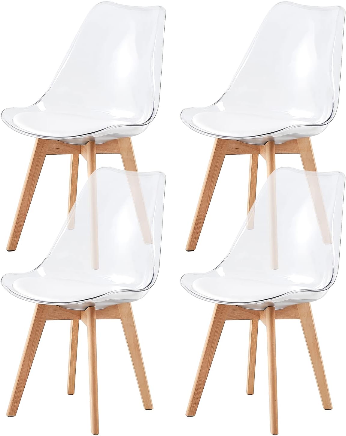 EGGREE - Lot de 4 chaises scandinaves bois hêtre, coussins cuir blanc, dossier transparent, testées SGS