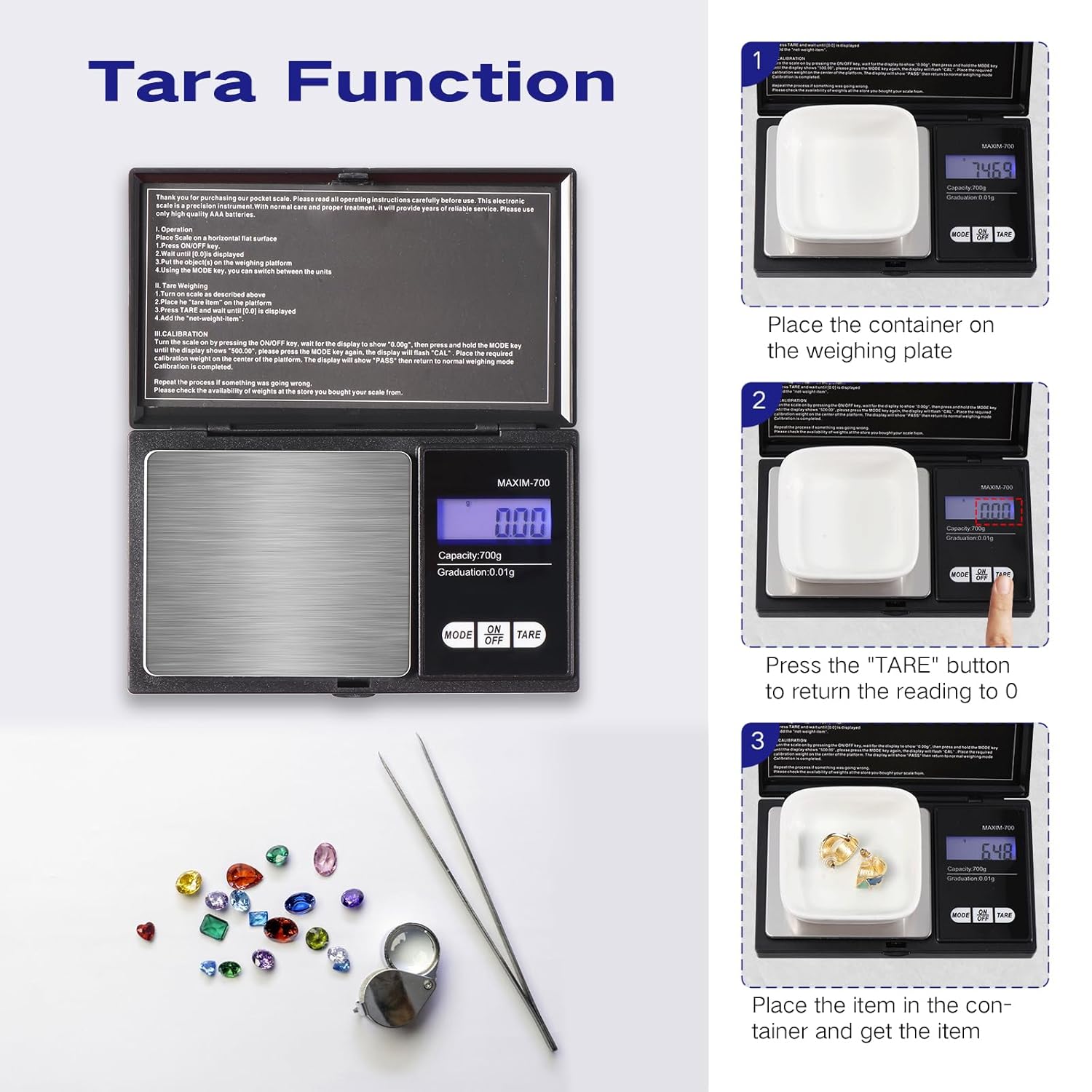 Vinabo - Balance précision 700g/0,01g - tare, multifonction, cuisine, bijoux, noire