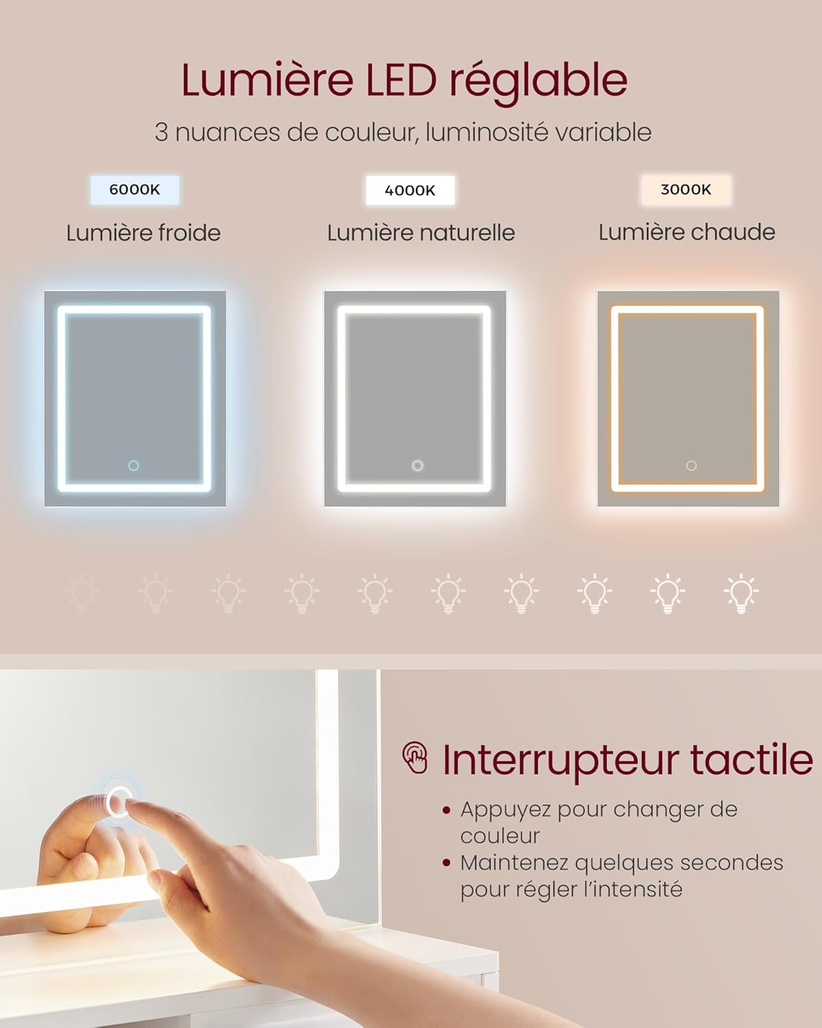 VASAGLE - Coiffeuse Kailyn, blanc, LED, multiprise, étagères, RDT138W01