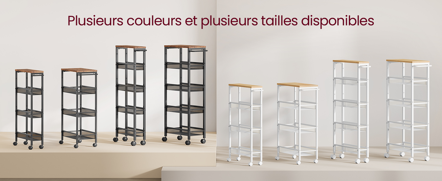 Collection de chariots de rangement mobiles présentés dans différentes hauteurs et couleurs, y compris des options foncées et blanches, avec plusieurs niveaux avec des plateaux en bois
