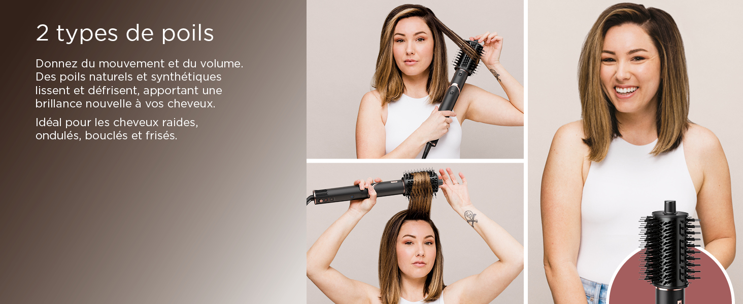 Le texte se lit comme suit : « 2 types de piscines ». Images de style didacticiel montrant des techniques de coiffure à l'aide de différents pinceaux.