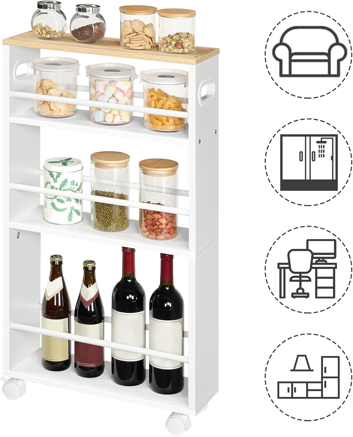 HOOBRO - desserte 4 niveaux, poignées, roulettes, blanc/bois, EWN15TC01