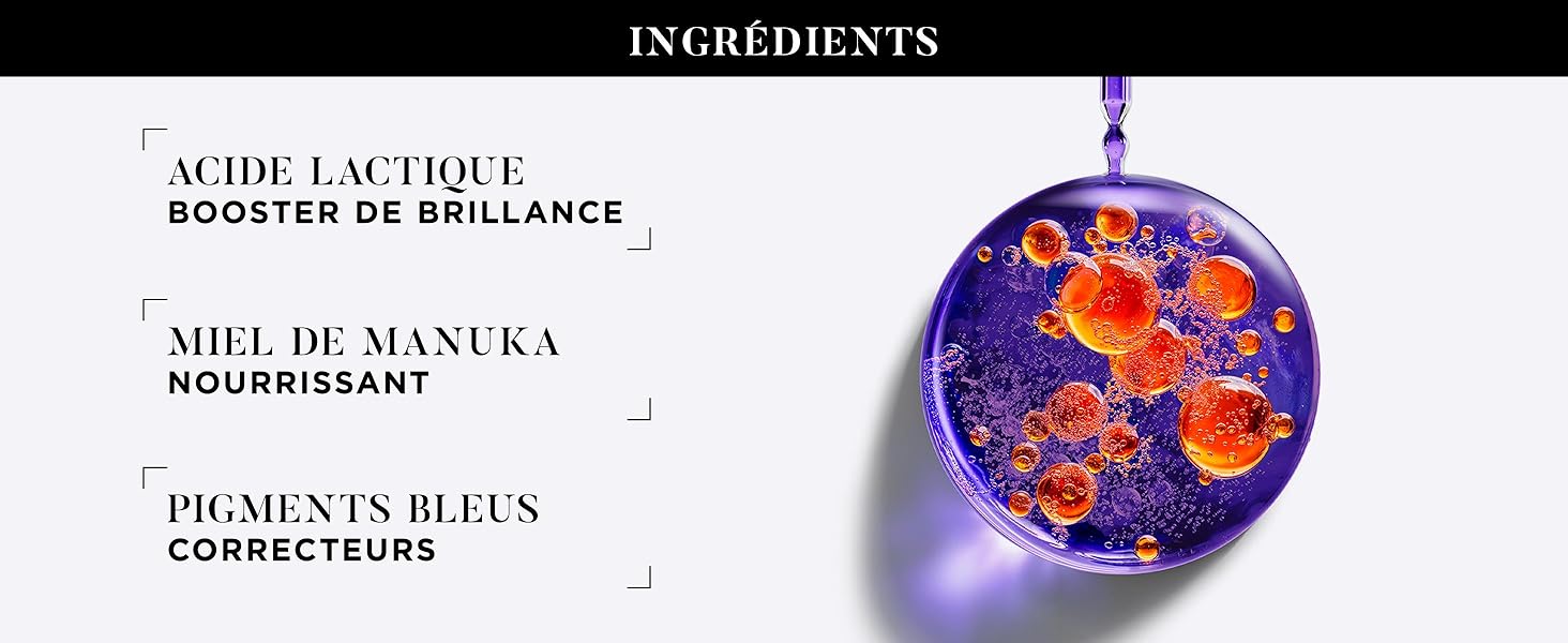 Le texte se lit comme suit : « INGRÉDIENTS BOOSTER DE BRILLANCE HUILE DE SEA ARGOUSIER PIGMENTS BLEUS CORRECTEURS ». Illustration de produit cosmétique tourbillonnant violet et orange.