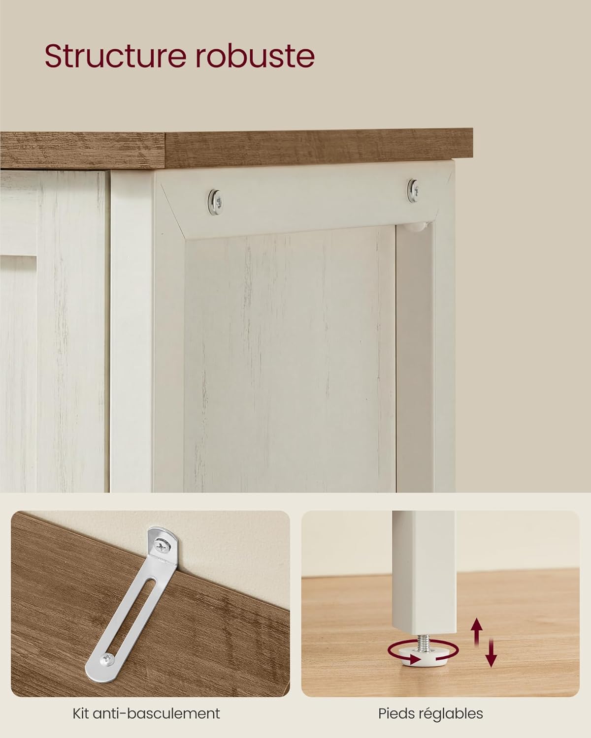 VASAGLE - Buffet série rustique - 33x110x75 cm - 3 portes, marron miel, blanc rustique - LSC096WJ02