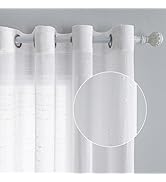 Gros plan d'un panneau de rideau blanc transparent avec dessus à œillets, présentant des détails circulaires agrandis montrant la texture du tissu et le motif de tissage.