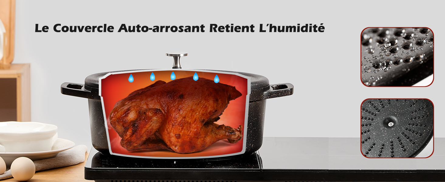 Le texte se lit comme suit : « Le Couvercle Auto-Arrosant Retient l'Humidité ». Plusieurs photos de produits montrant une marmite ou une poêle foncée avec couvercle sous différents angles et différents scénarios de cuisson.