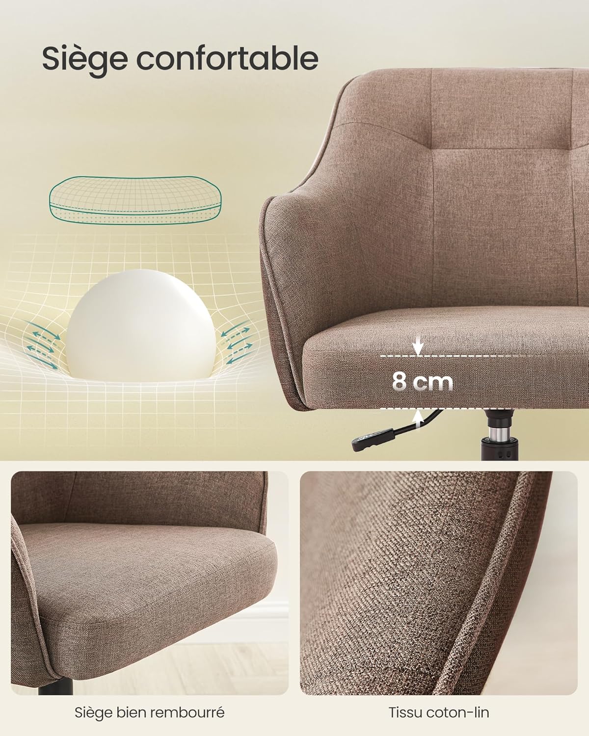 SONGMICS - chaise de bureau ergonomique - hauteur réglable, tissu coton-lin, cadre acier, capacité 110 kg - OBG019K01