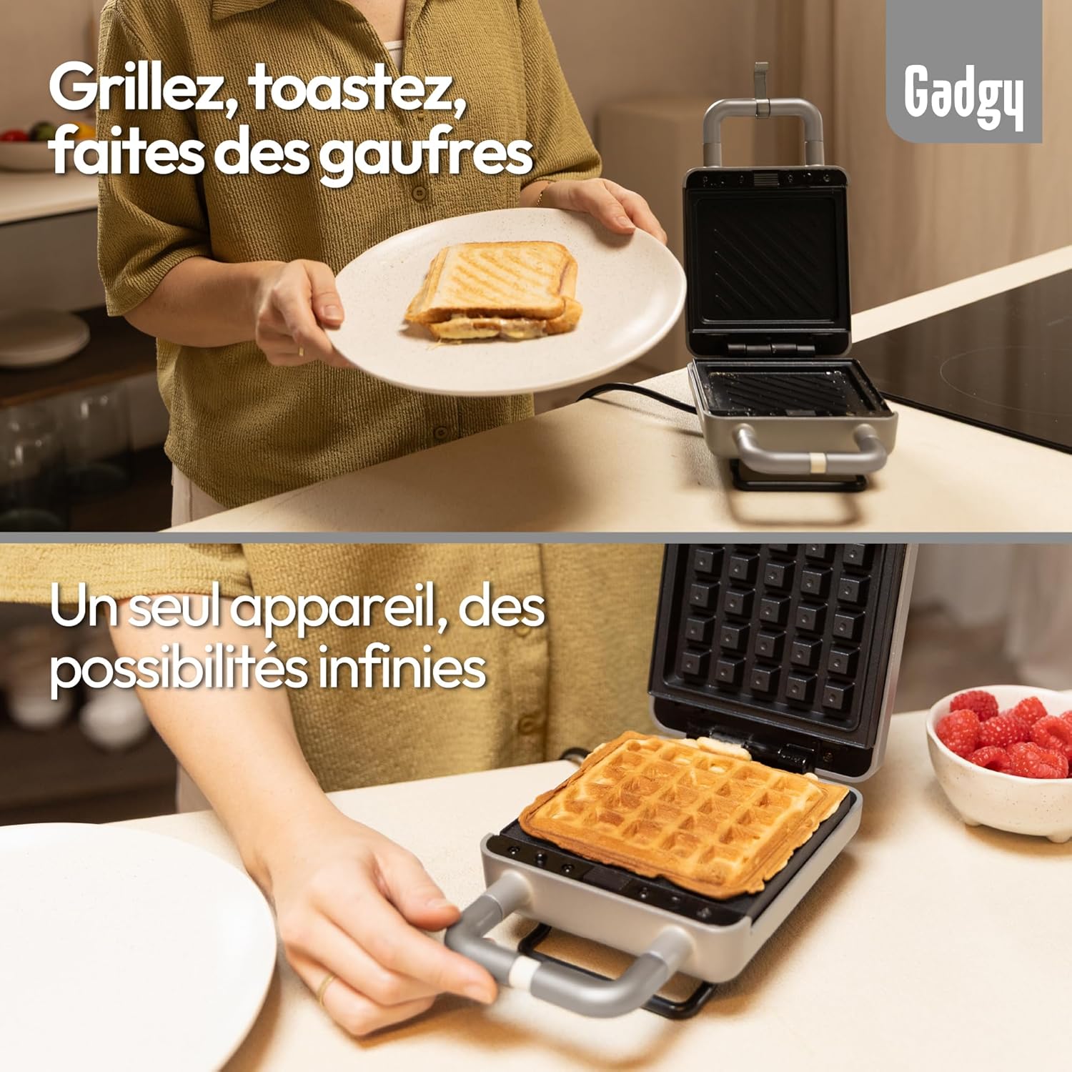 Gadgy - 2 en 1 Gaufrier Croque-Monsieur - compact - plaques antiadhésives, thermostat, rangement vertical