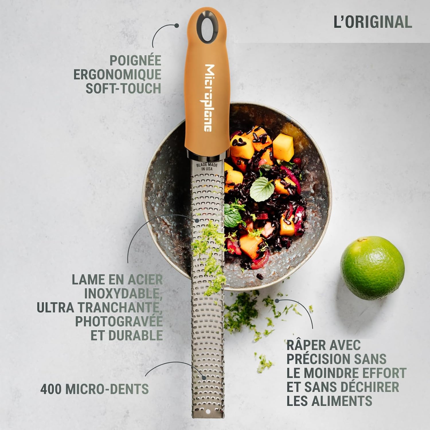 Microplane - Râpe à zesteur Jaune Moutarde - lame fine, multi-usages, fabrication USA