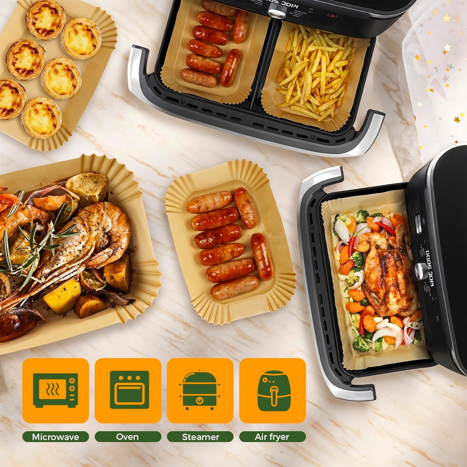 Doublures jetables air fryer - 225 pièces - 10,4L - compatibles Ninja, Cosori, Duronic - cuisson antiadhésive - AF500UK