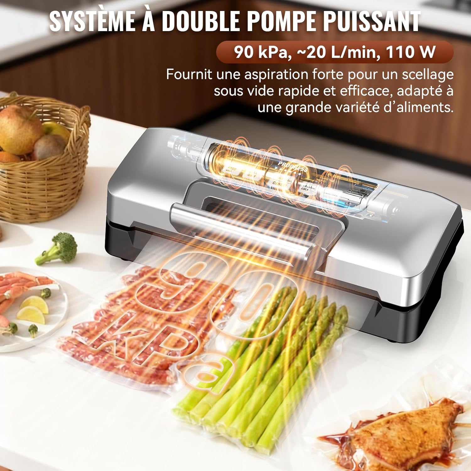 Machine sous vide alimentaire - 20L/min, 90kPa, double pompe, coupe-sacs