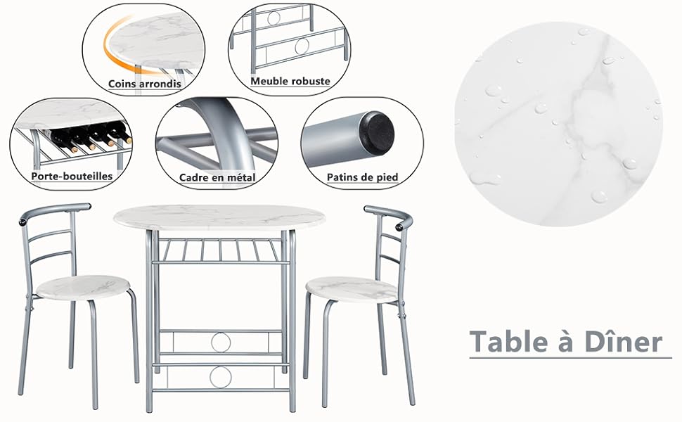 comprenant une table ronde blanche et deux chaises en métal, avec un schéma montrant les détails de montage.
