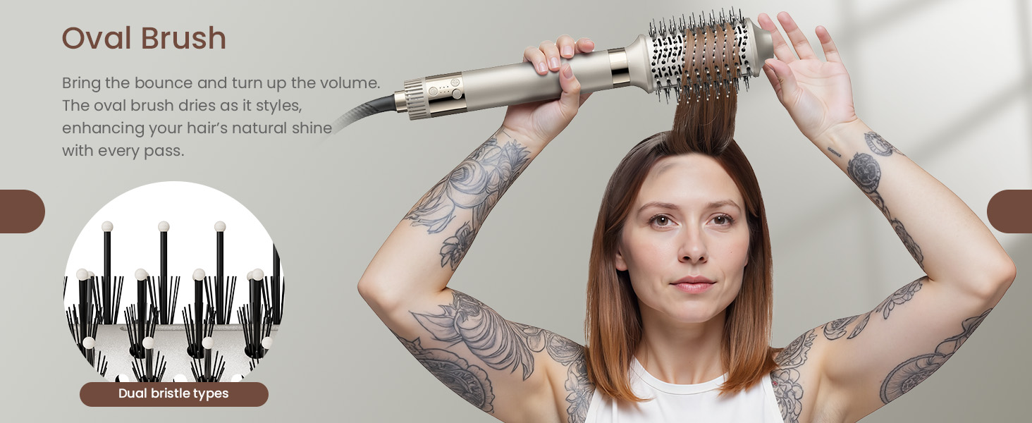 Le texte indique « Pinceau ovale ». Séquence de démonstration du produit montrant des pinceaux de maquillage noirs de forme ovale avec des poils blancs présentés sous différents angles.