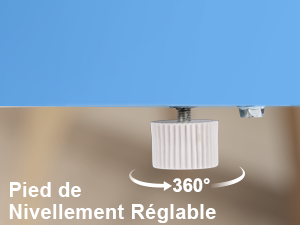 Objet cylindrique blanc fixé à une surface métallique, avec un texte indiquant une rotation de « 360° » et un « Pied de nivellement Réglable » (Pied de nivellement réglable)