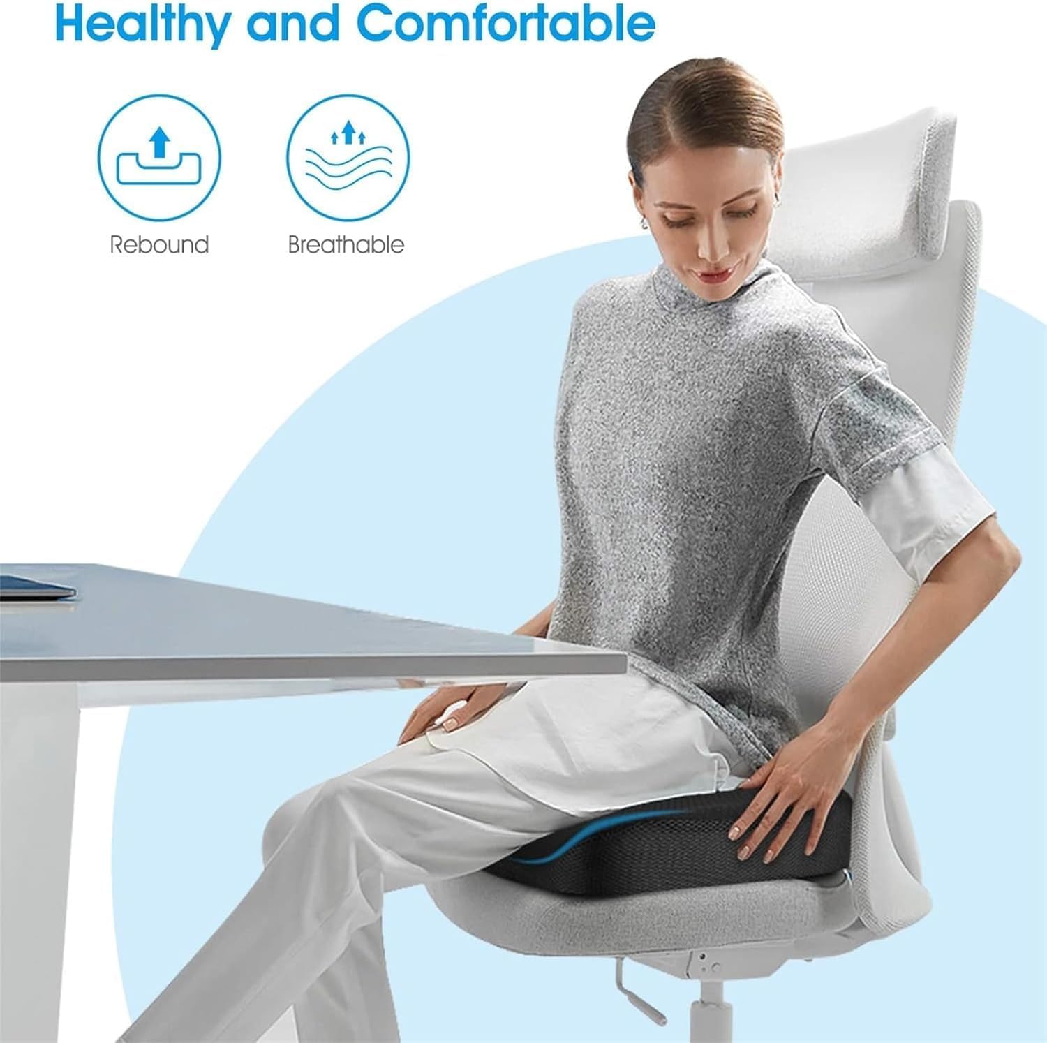 Feagar - Coussin mémoire ergonomique pour assise - noir - soutien coccyx, siège voiture, bureau, fauteuil roulant