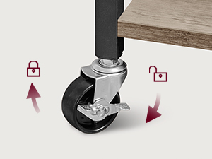 Gros plan d'une roulette de meuble avec mécanisme de verrouillage. Les flèches indiquent un mouvement vers le haut et latéralement pour enclencher le verrou