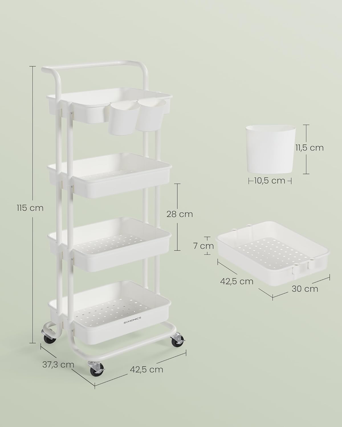 SONGMICS - Chariot de rangement 4 niveaux - poignées, roulettes, 2 pots, 2 freins - Blanc - BSC077WZ01