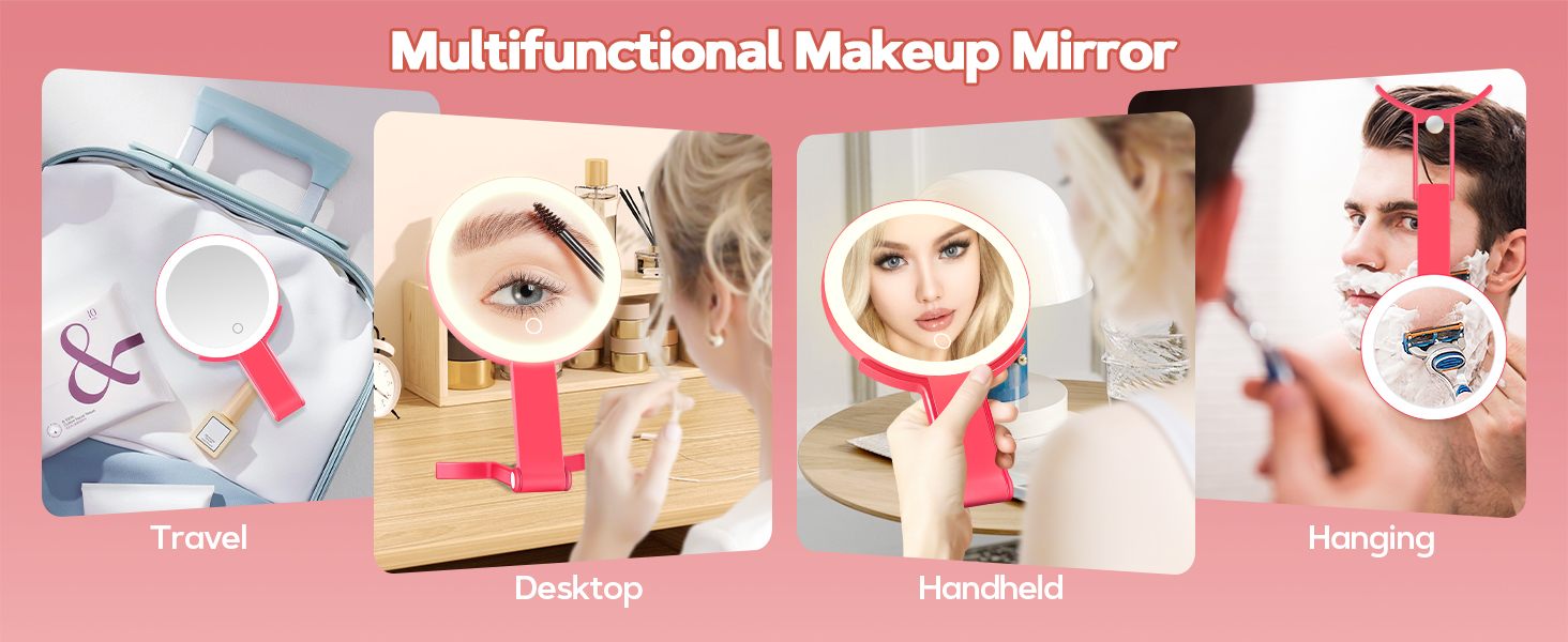 Image promotionnelle montrant un « miroir de maquillage multifonctionnel » dans quatre modes d'utilisation : voyage, bureau, portable et suspendu. Le miroir est agrandi et apparaît dans les panneaux marketing roses.