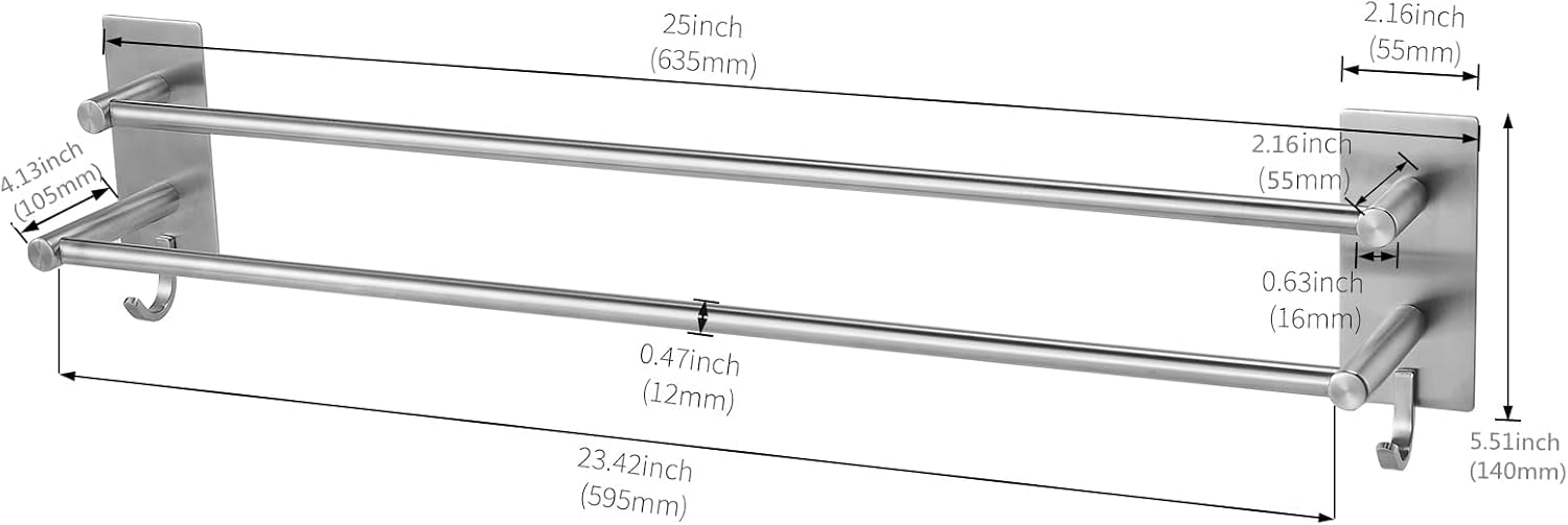 JS - porte-serviettes double, inox 60cm, auto-adhésif, étanche