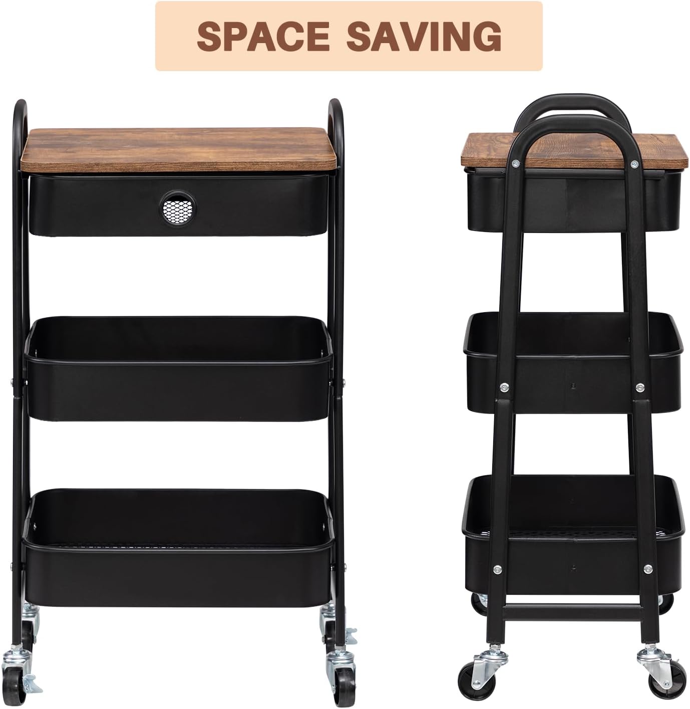 DOEWORKS - chariot 3 niveaux, métal, tiroir, noir, rangement mobile