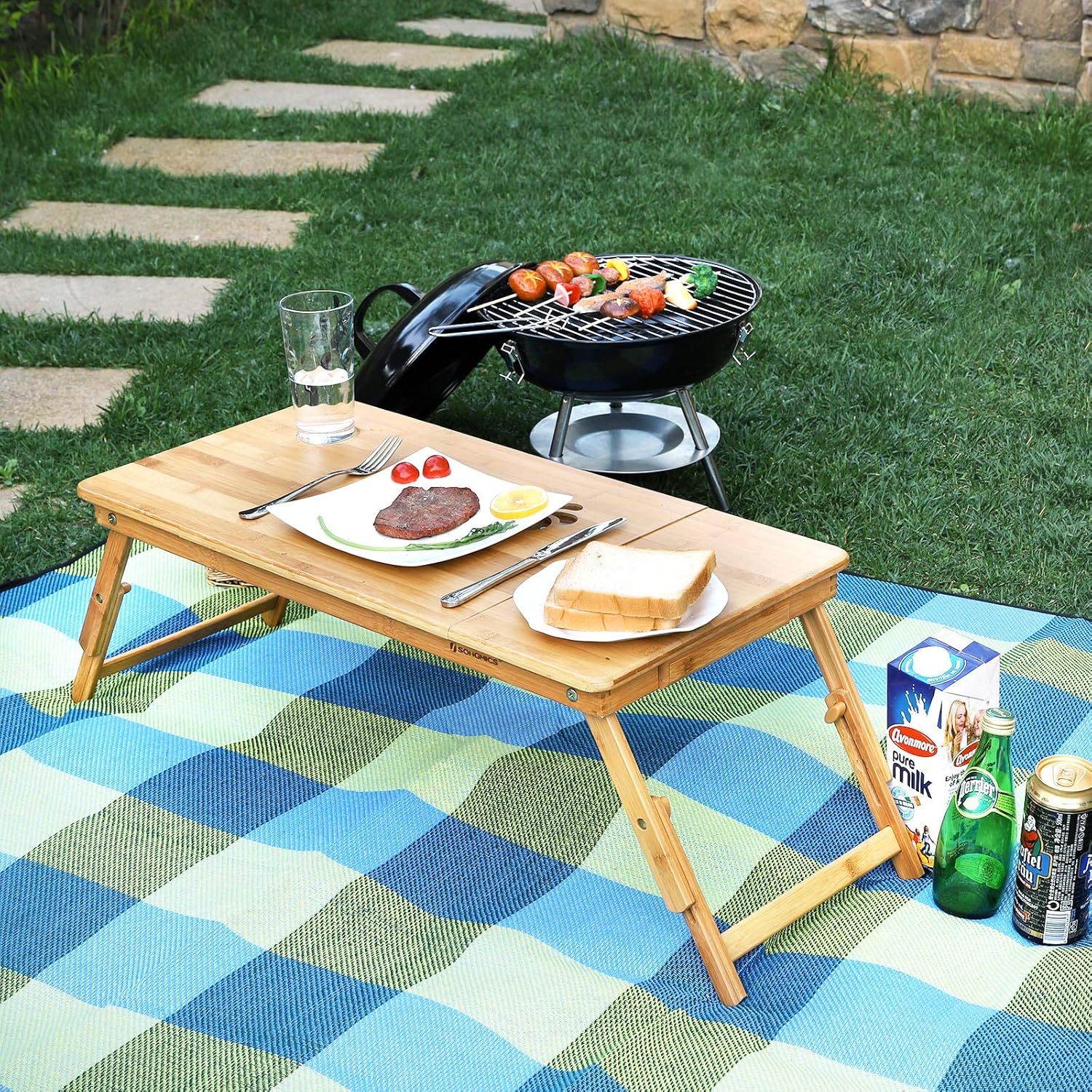 SONGMICS - Table de lit pliable bambou - 72x21-29x35 cm - plateau ajustable, tiroir, trous aération LLD004