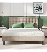 Cadre de lit moderne présenté sous plusieurs angles dans un décor de chambre minimaliste avec tête de lit rembourrée beige et coussins décoratifs verts.