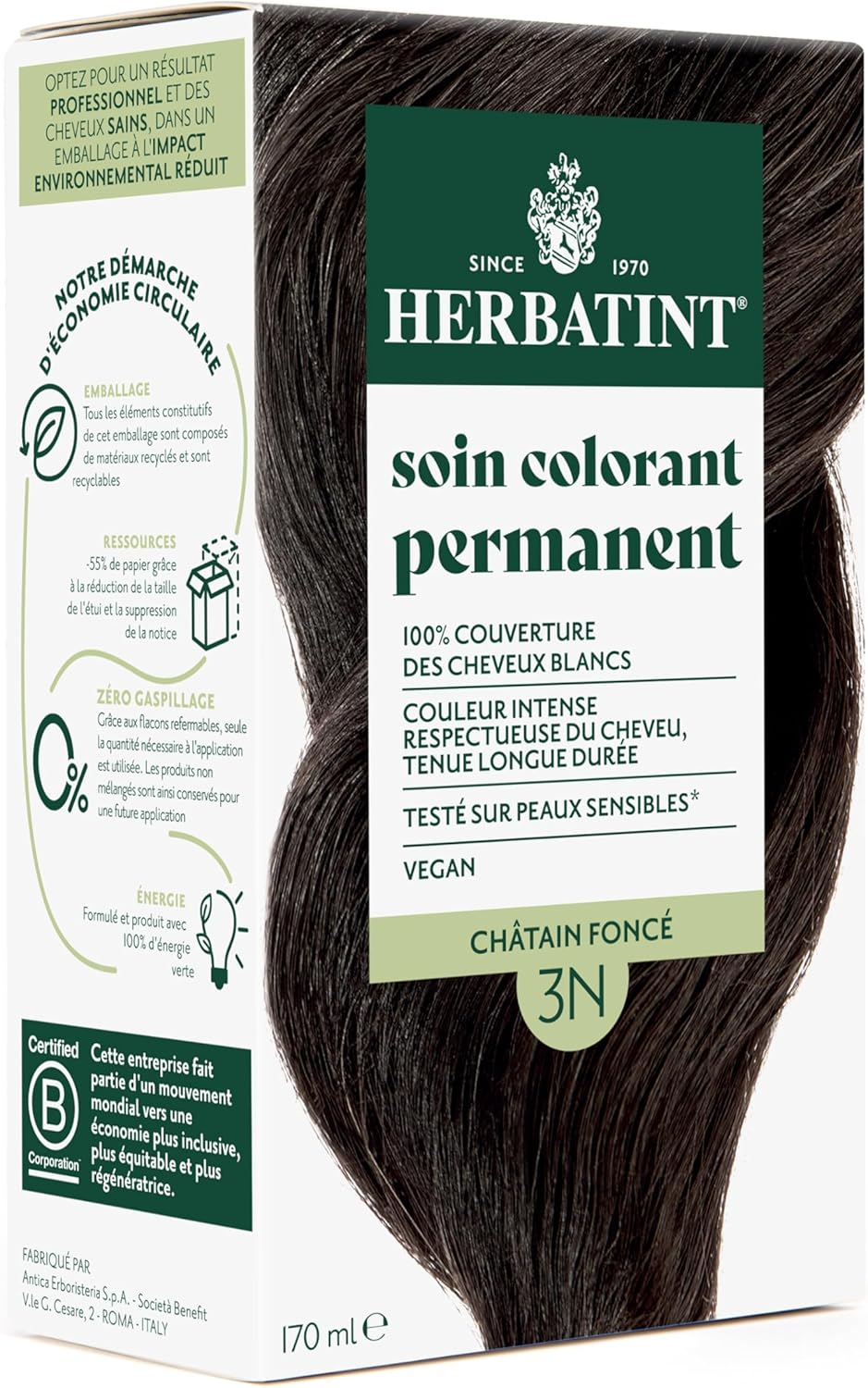 Herbatint - Soin Colorant Permanent 170ml - Châtain Foncé, Sans Ammoniaque, 8 extraits bio, 3N