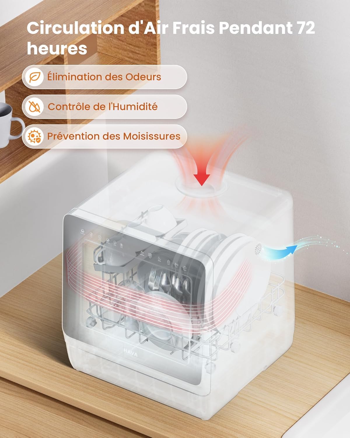 HAVA - lave-vaisselle compact série 2025 - efficace, 8 programmes, adoucisseur, verrou enfant, démarrage différé