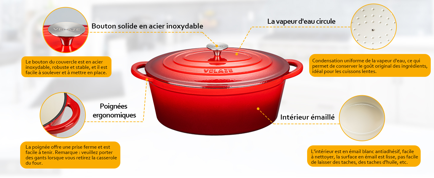 avec couvercle. Les caractéristiques comprennent des poignées résistantes à la chaleur, un intérieur en émail et des évents à vapeur dans le couvercle pour contrôler l'humidité