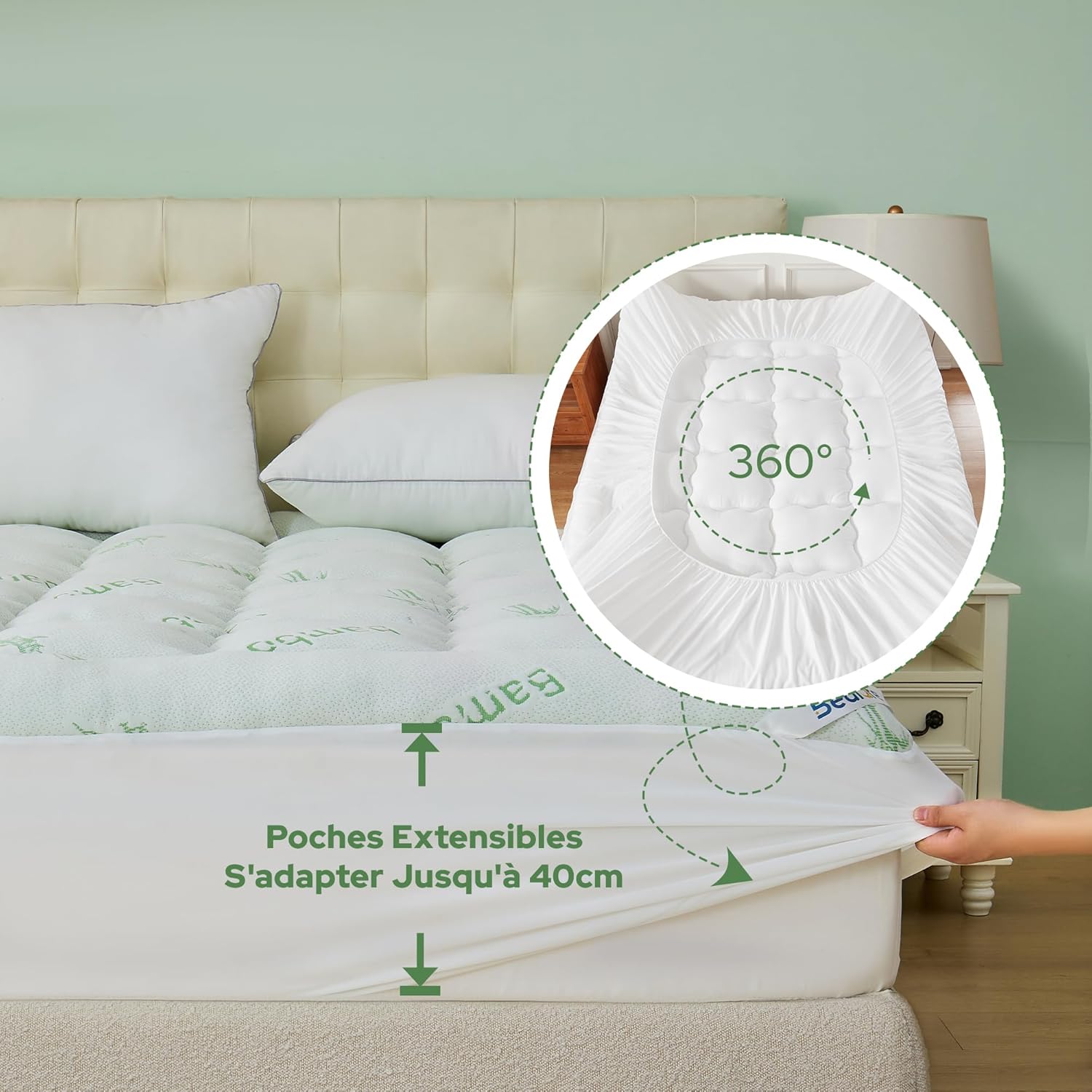 BEDLORE - surmatelas matelassé - 180x200 cm - viscose bambou, bonnet 40 cm, Oeko-Tex