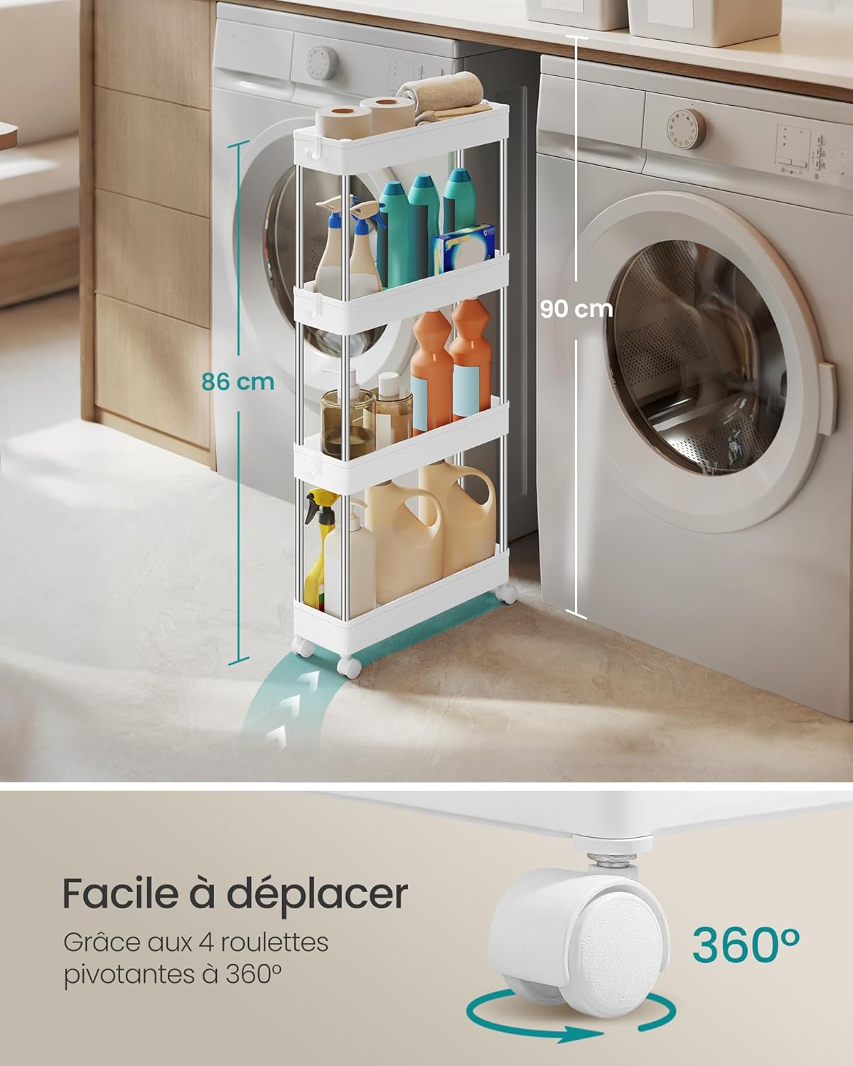 SONGMICS – chariot cuisine 4 niveaux, 14,4x42x86cm, acier, KSC08WT