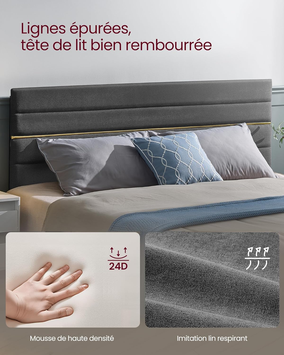 VASAGLE - lit double rembourré, 180x200 cm, métal, bois, gris, RMB508G01V1