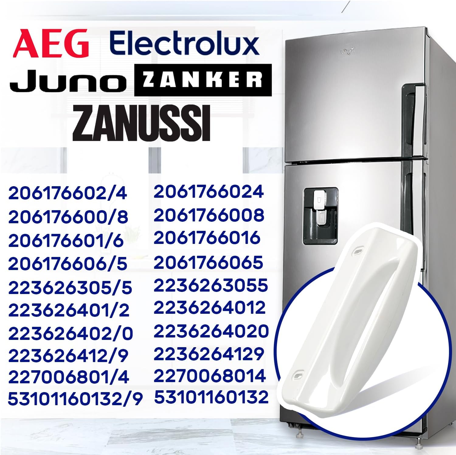 Zanussi/Electrolux - poignée frigo/congélateur 187x80mm - montage 133mm - garantie 10 ans - 2061766008