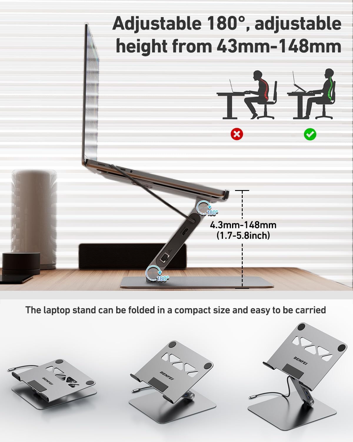 BENFEI - Support PC portable 6-en-1, HDMI 4K, USB-C, Ethernet, 100W PD