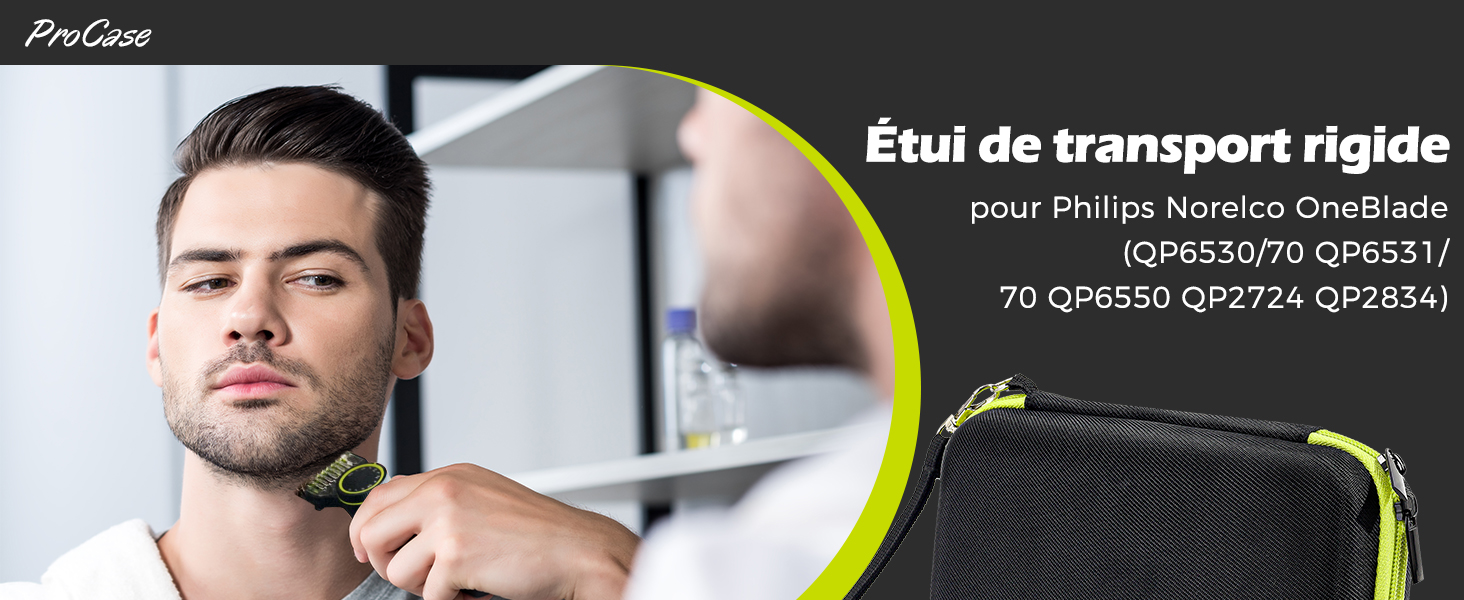 Étui de transport rigide noir pour Philips Norelco OneBlade, orné de touches jaunes. Produit présenté à côté d'un homme en train de tailler sa barbe
