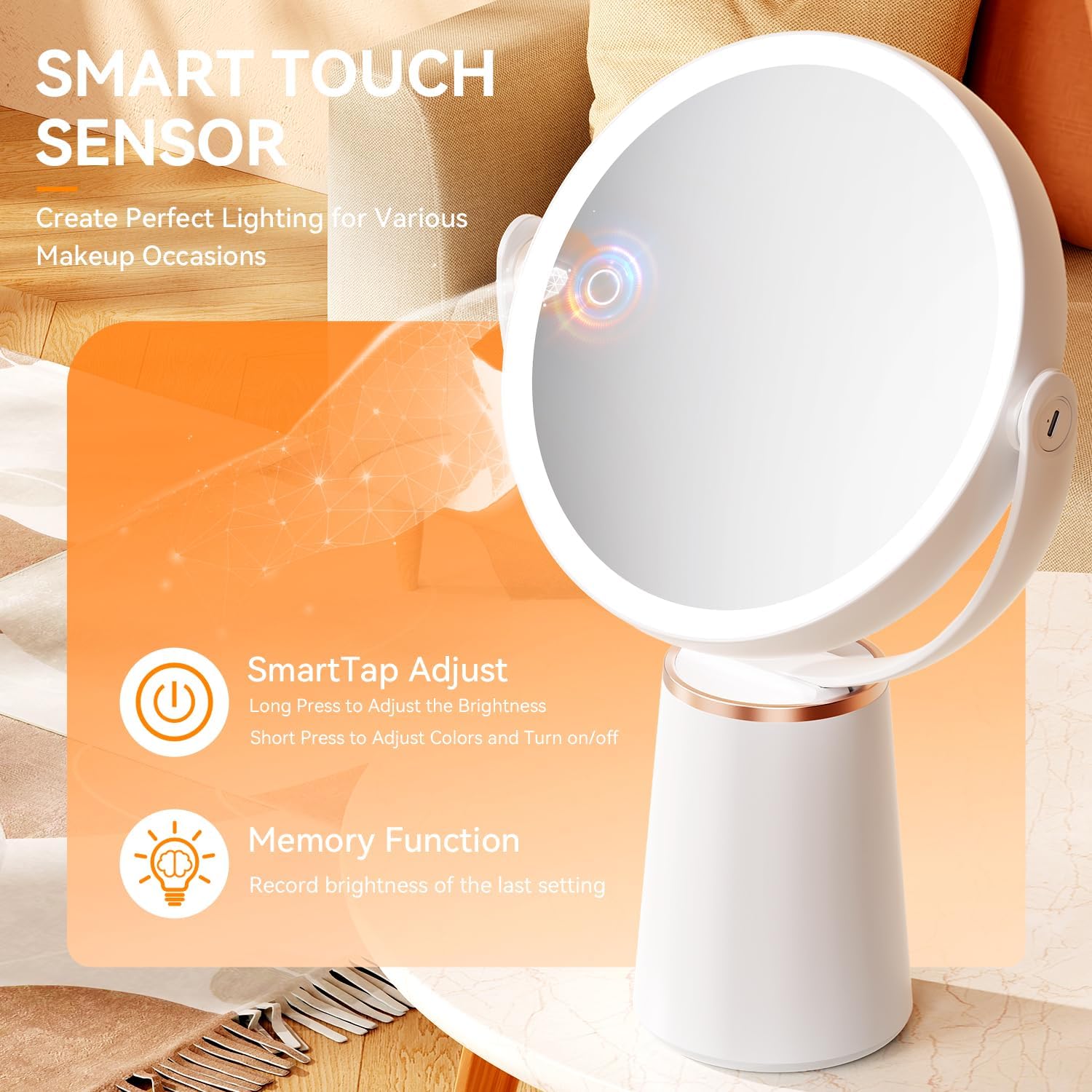 Auxmir - miroir lumineux double face - 30X/10X - 64 LED, 3 couleurs, 2000mAh, rotation 360°