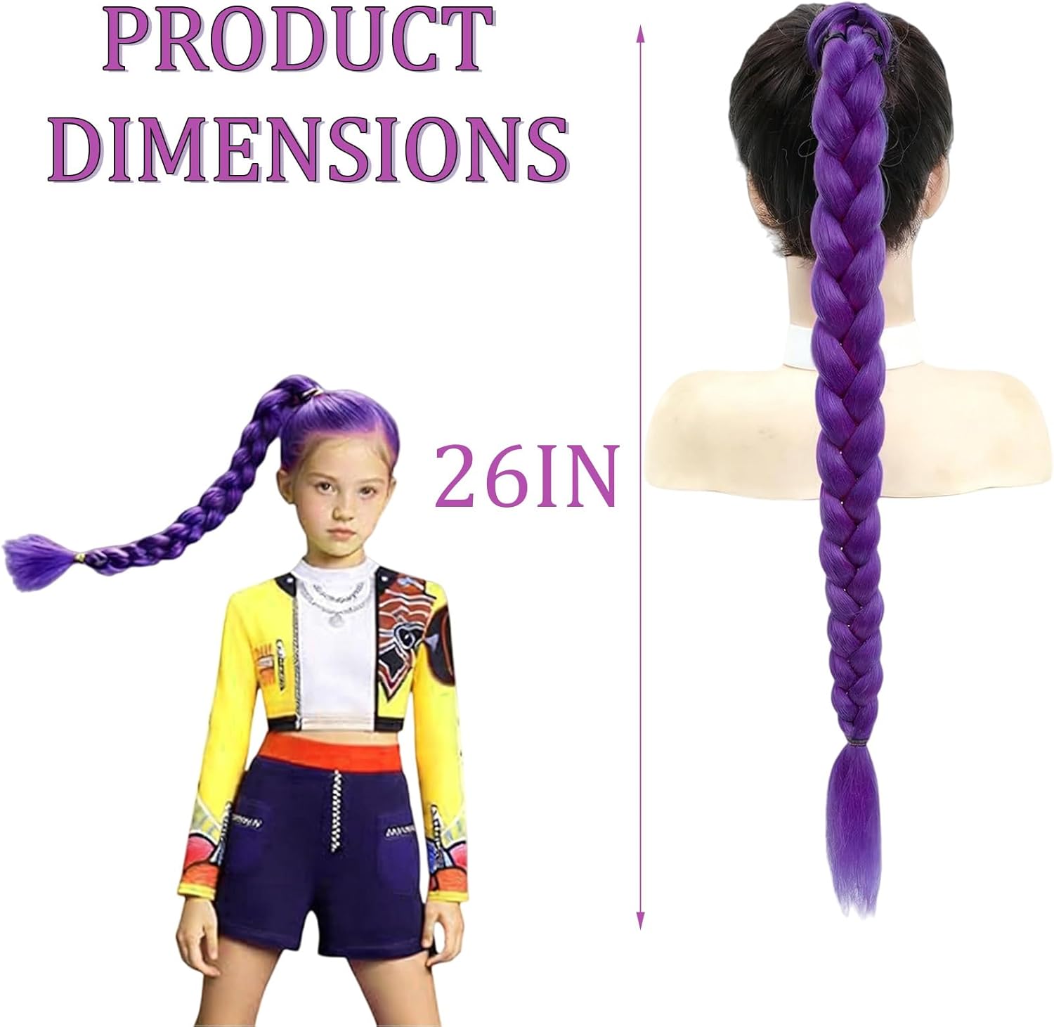 Extensions de cheveux - queue de cheval violette 24 pouces, pré-tressée, élastique, 100g, anneaux inclus