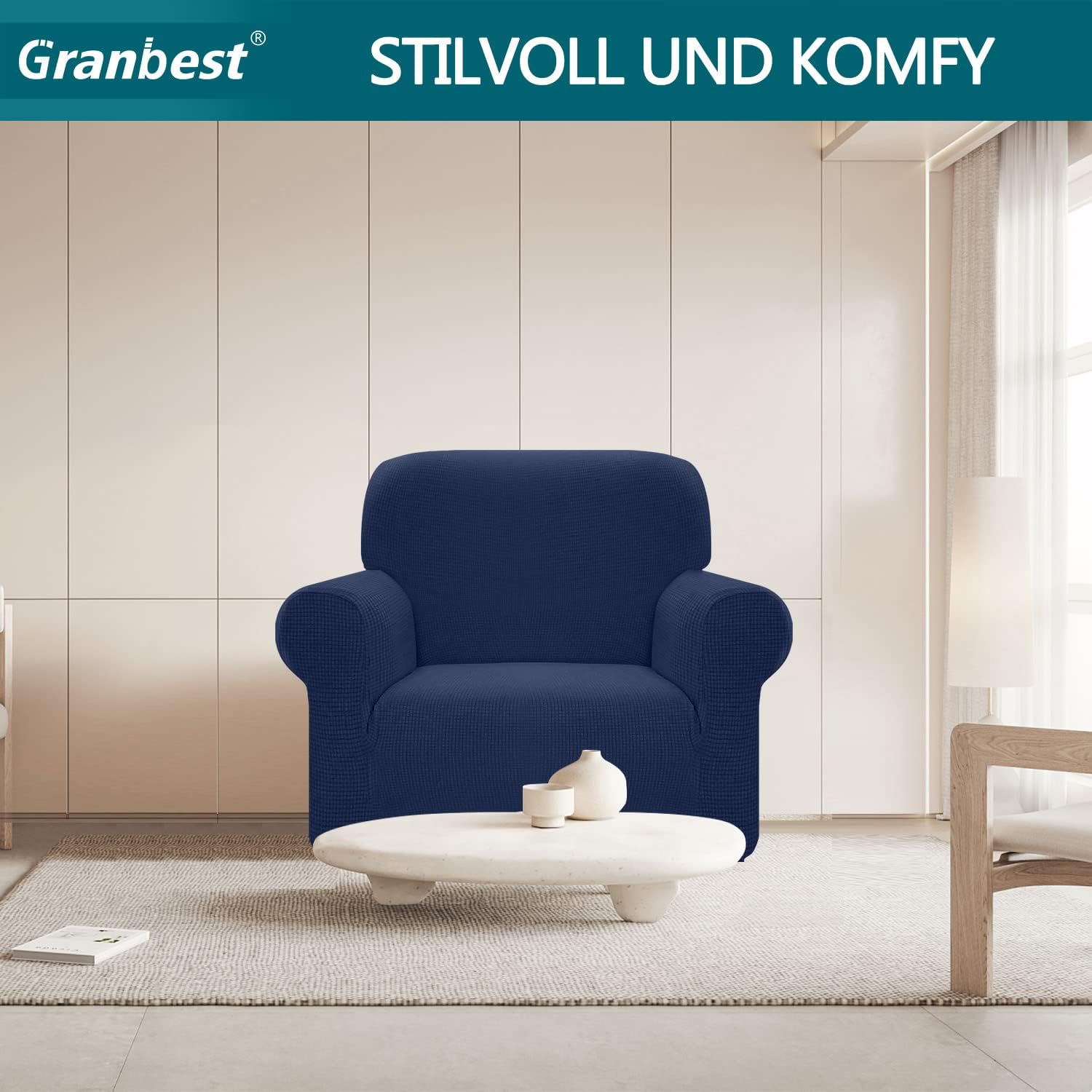 Granbest - Housse canapé Stretch Jacquard 1 place, imperméable, antidérapante, bleu foncé