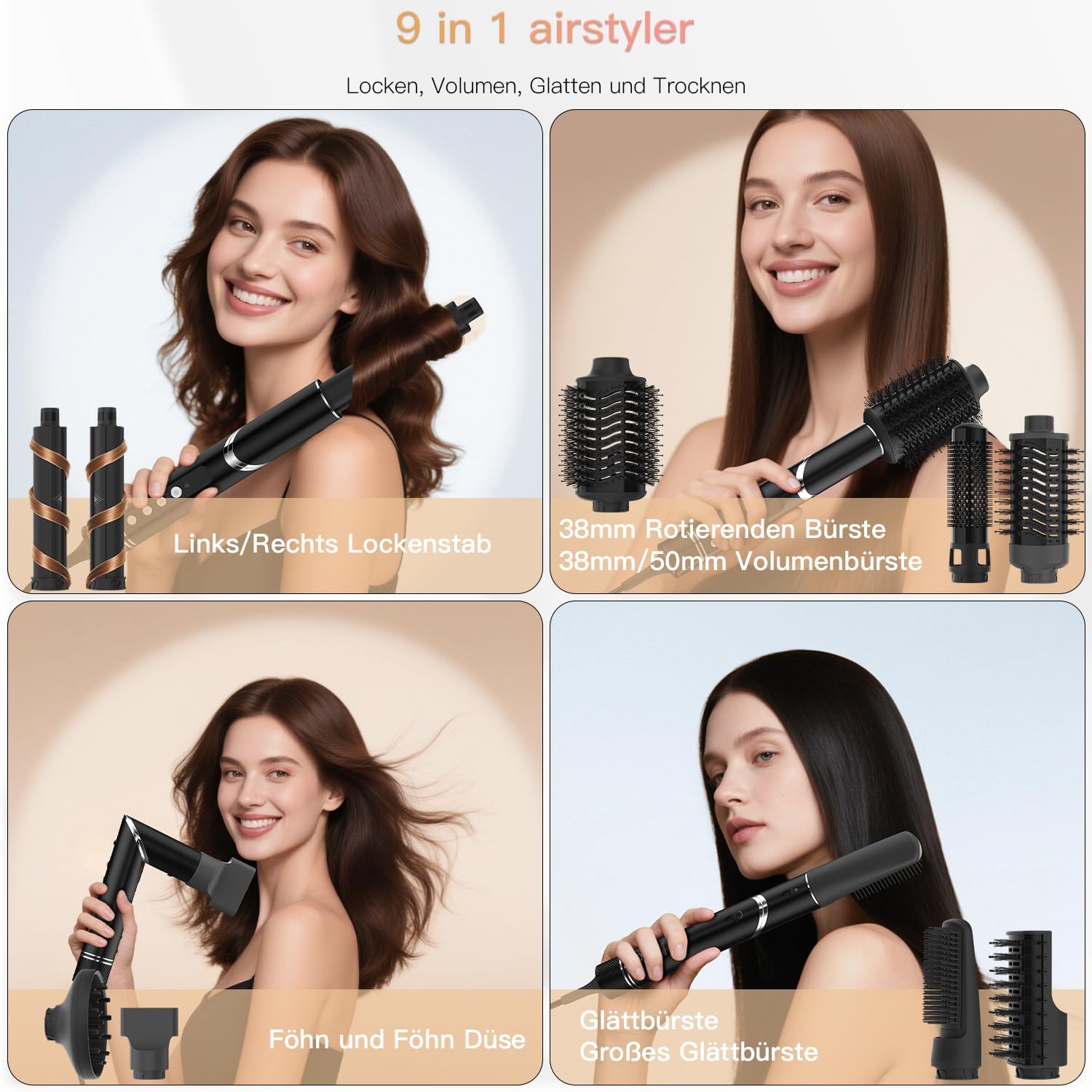 Kit de coiffage 9 en 1 - 1400W - brosses multifonctions - volumiseur