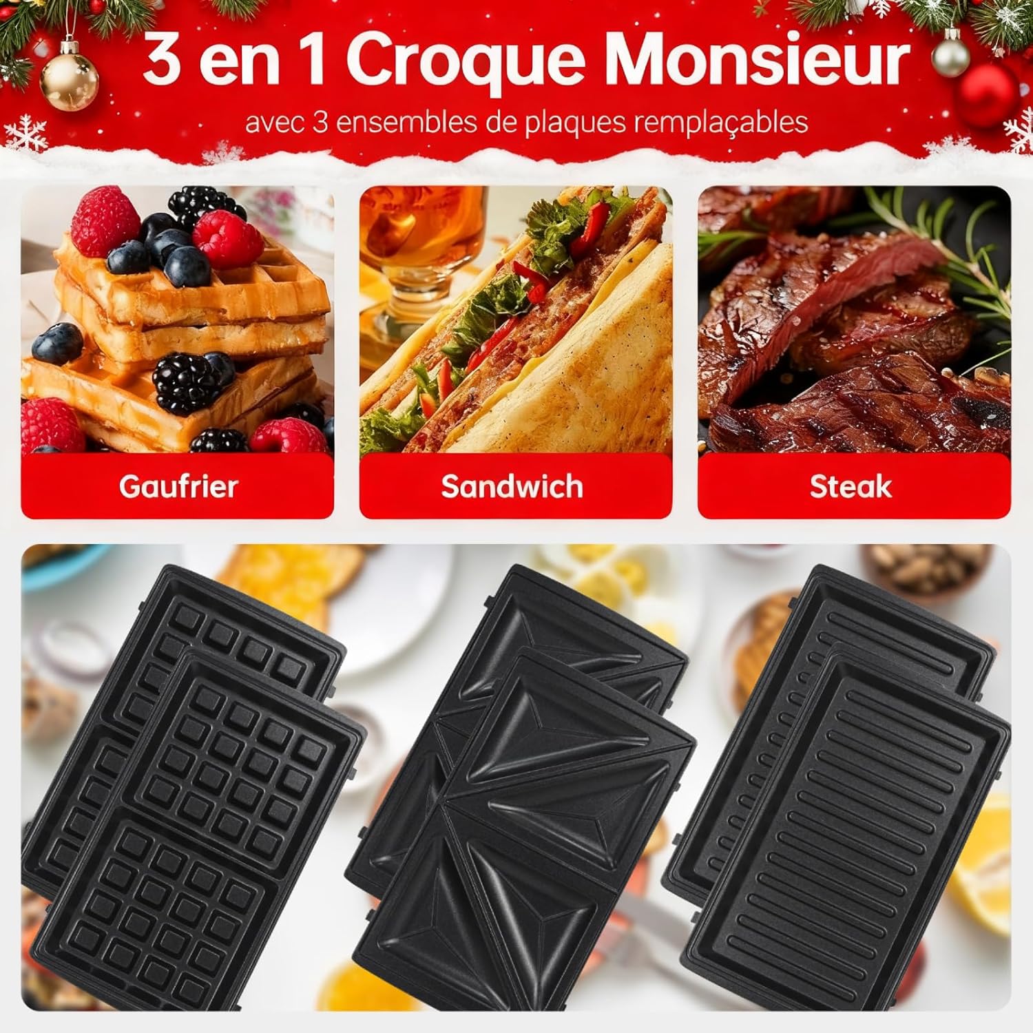 Appareil à Croque Monsieur 3 en 1 - 750W, plaques antiadhésives, noir, gaufres/Sandwich/Grill